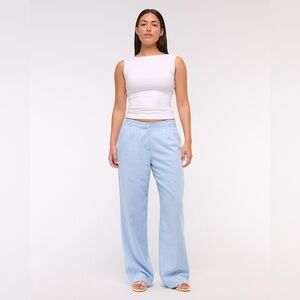 Abercrombie Curve Love Sloane Low Rise Wide Leg Tailored Linen Pant 32L Sky Blue